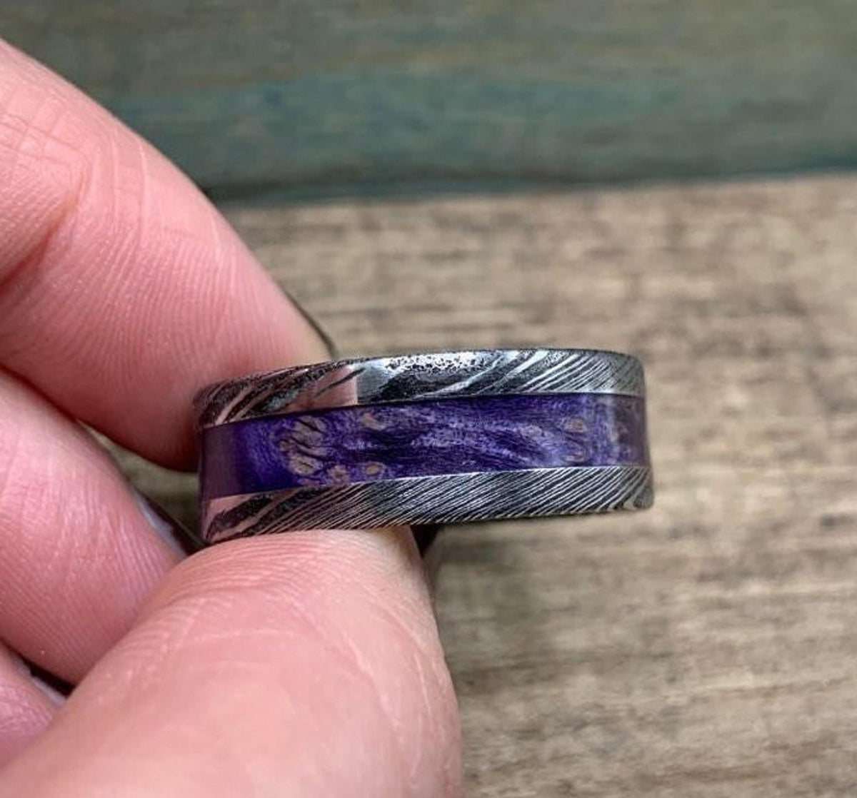 Purple Wedding Band, Stainless Steel Damascus Ring with Box Elder Inlay