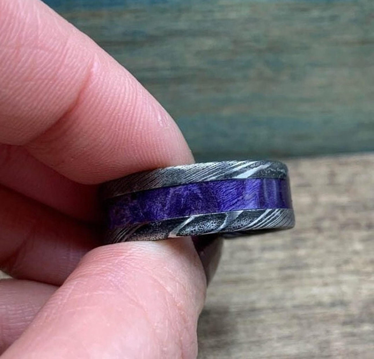 Purple Wedding Band, Stainless Steel Damascus Ring with Box Elder Inlay