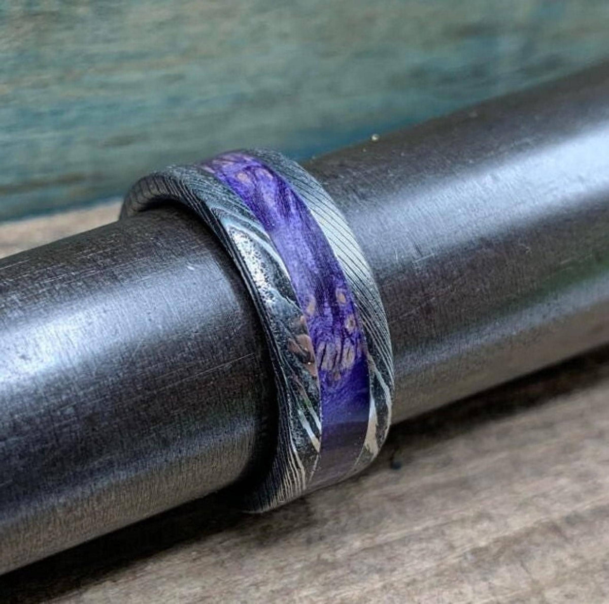 Purple Wedding Band, Stainless Steel Damascus Ring with Box Elder Inlay