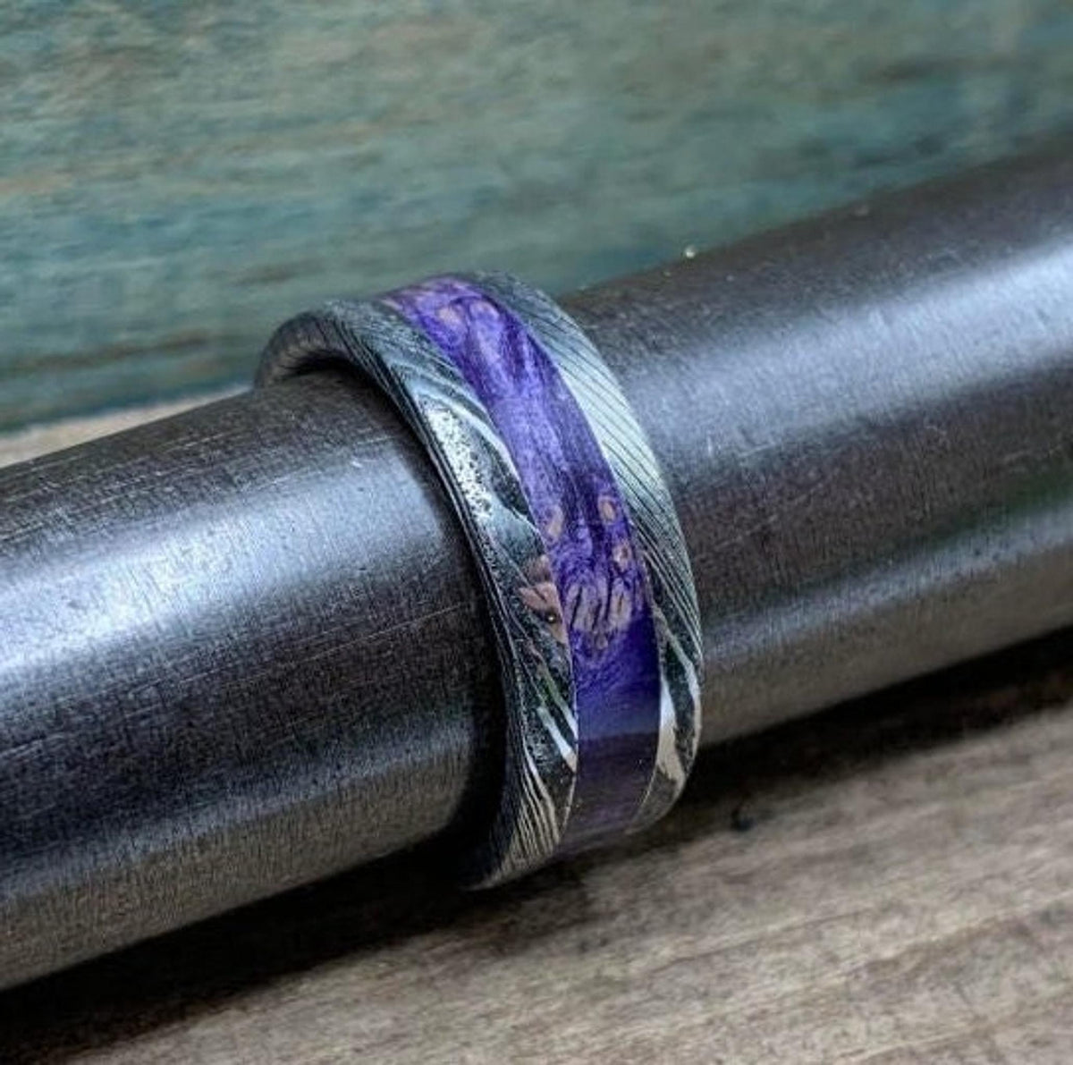 Purple Wedding Band, Stainless Steel Damascus Ring with Box Elder Inlay