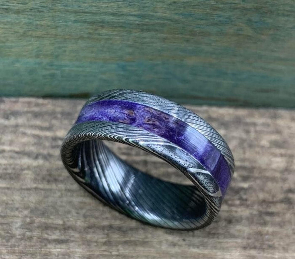 Purple Wedding Band, Stainless Steel Damascus Ring with Box Elder Inlay