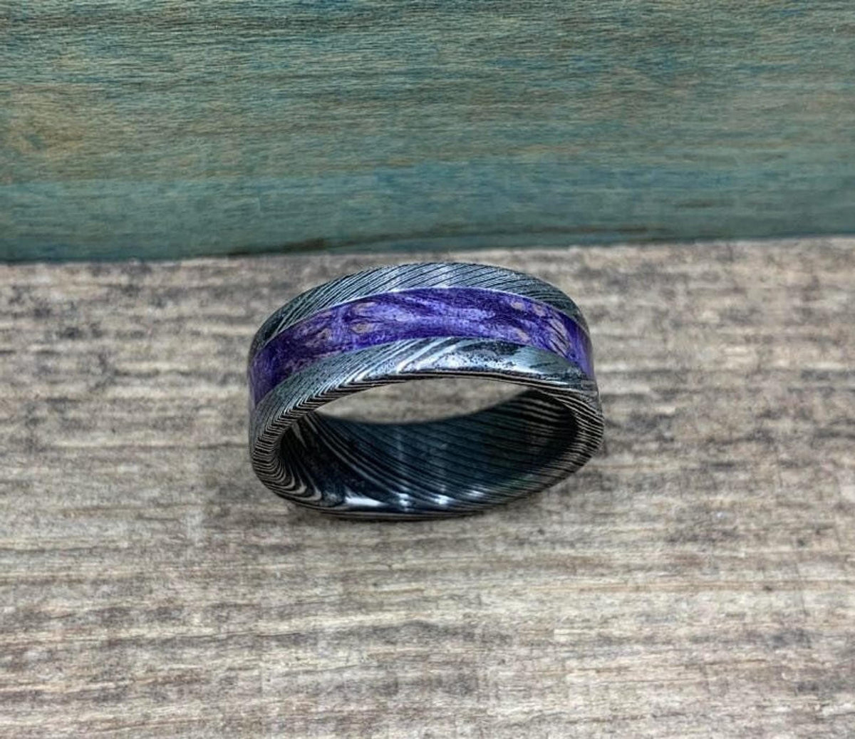 Purple Wedding Band, Stainless Steel Damascus Ring with Box Elder Inlay