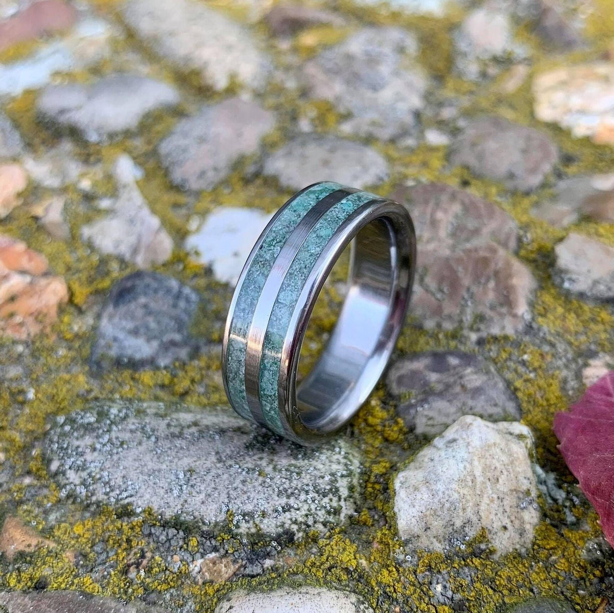 Moss Agate Ring - Men's Titanium Wedding Band - Custom Made, Engraved