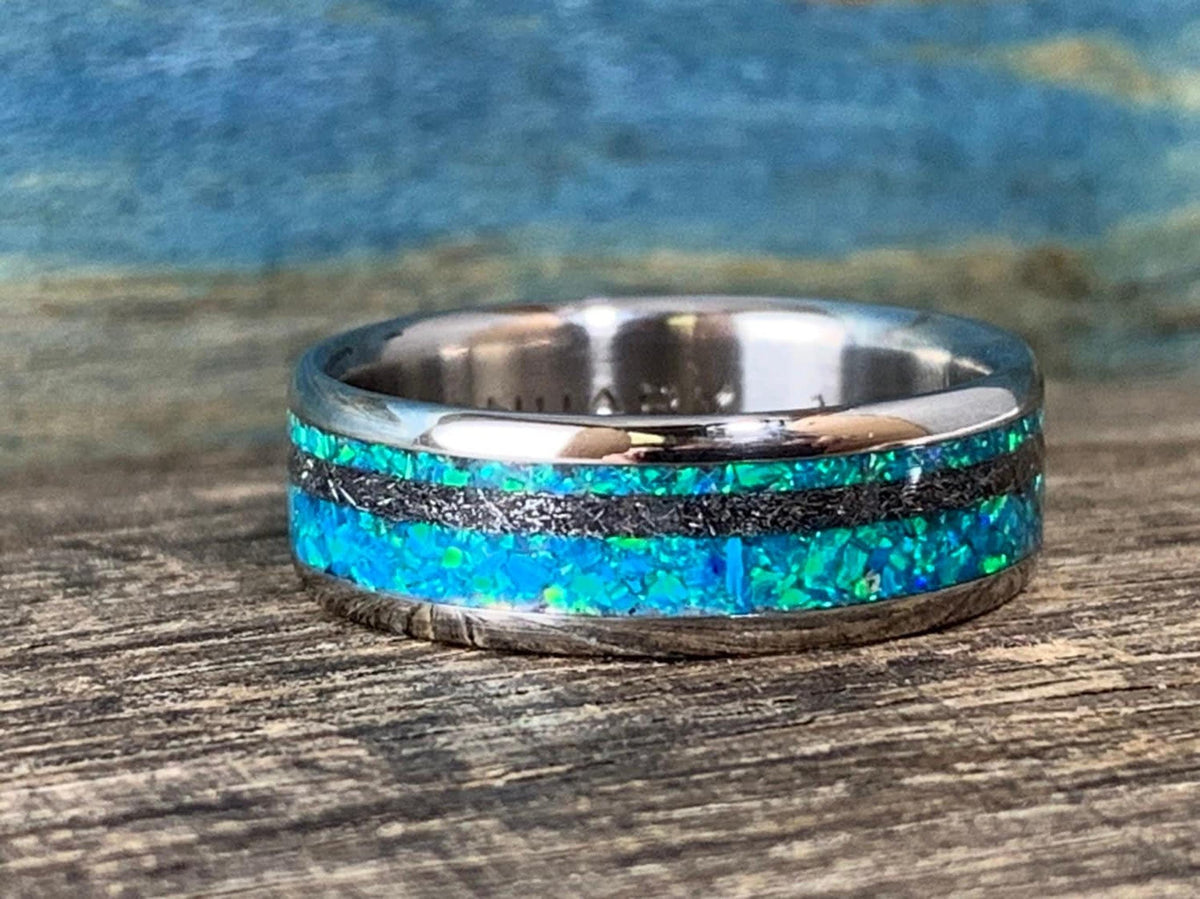 Mens Meteorite Ring with Blue Lab Opal Inlay, Custom Titanium Wedding Band - Engraved