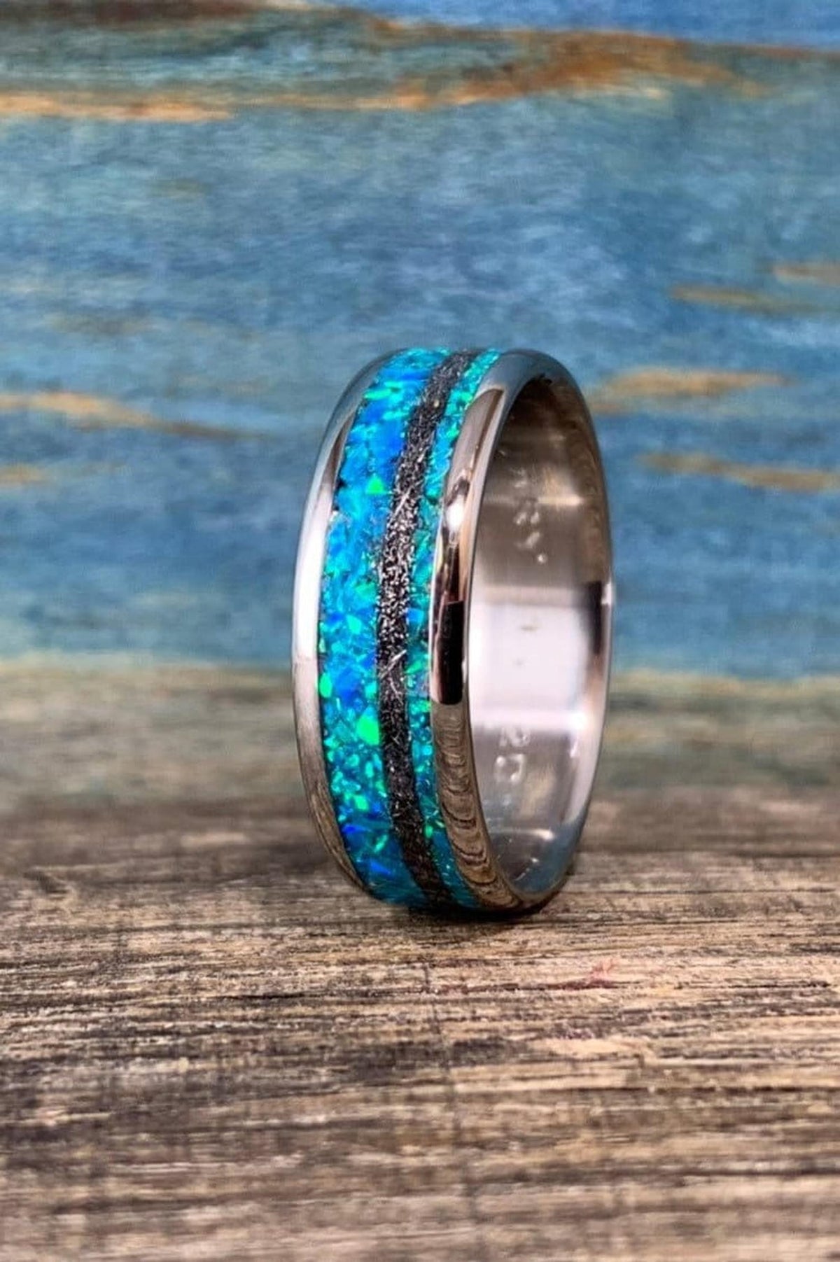 Mens Meteorite Ring with Blue Lab Opal Inlay, Custom Titanium Wedding Band - Engraved