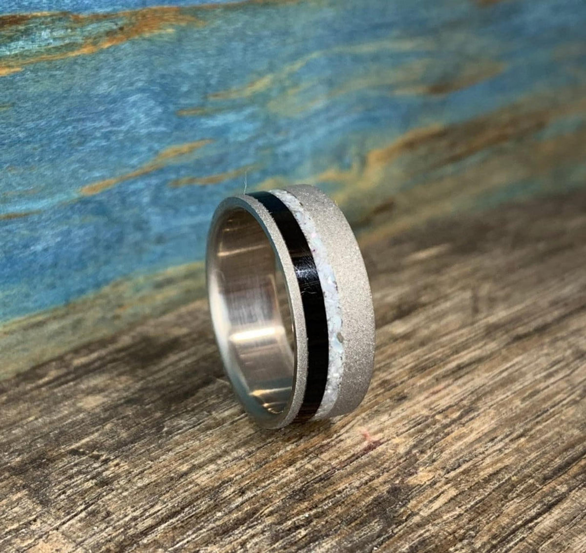 Mens Wedding Band - Sandblasted Titanium Ring with Ebony Wood and Pearl Inlay - Engraved