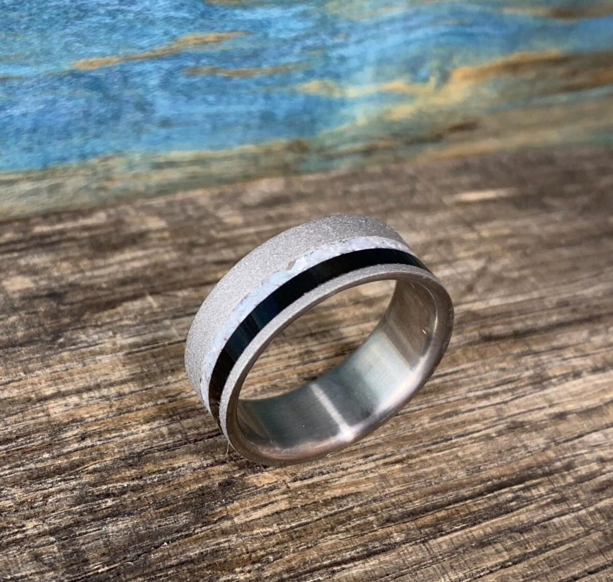 Mens Wedding Band - Sandblasted Titanium Ring with Ebony Wood and Pearl Inlay - Engraved