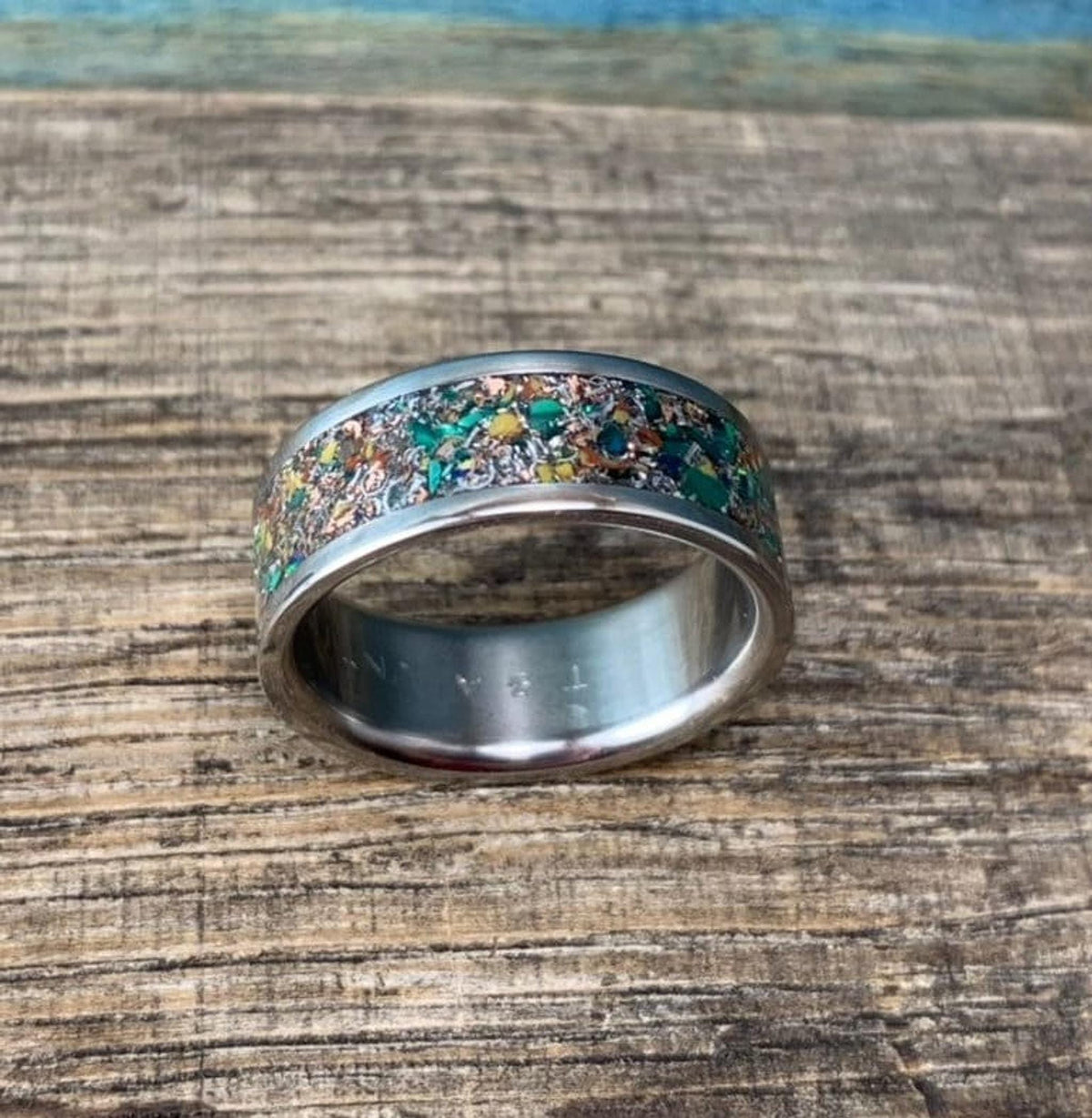 Mens Titanium Ring with Dinosaur Bone, Malachite and Opal Inlay, Meteorite Band