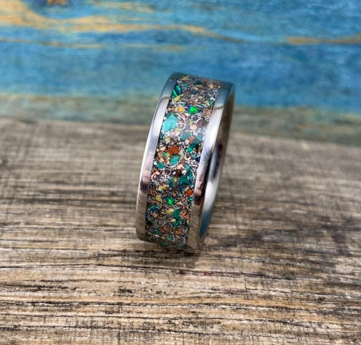 Mens Titanium Ring with Dinosaur Bone, Malachite and Opal Inlay, Meteorite Band