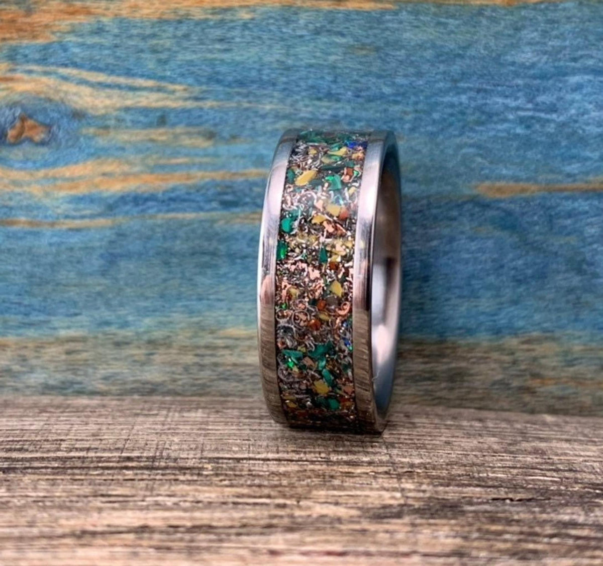 Mens Titanium Ring with Dinosaur Bone, Malachite and Opal Inlay, Meteorite Band