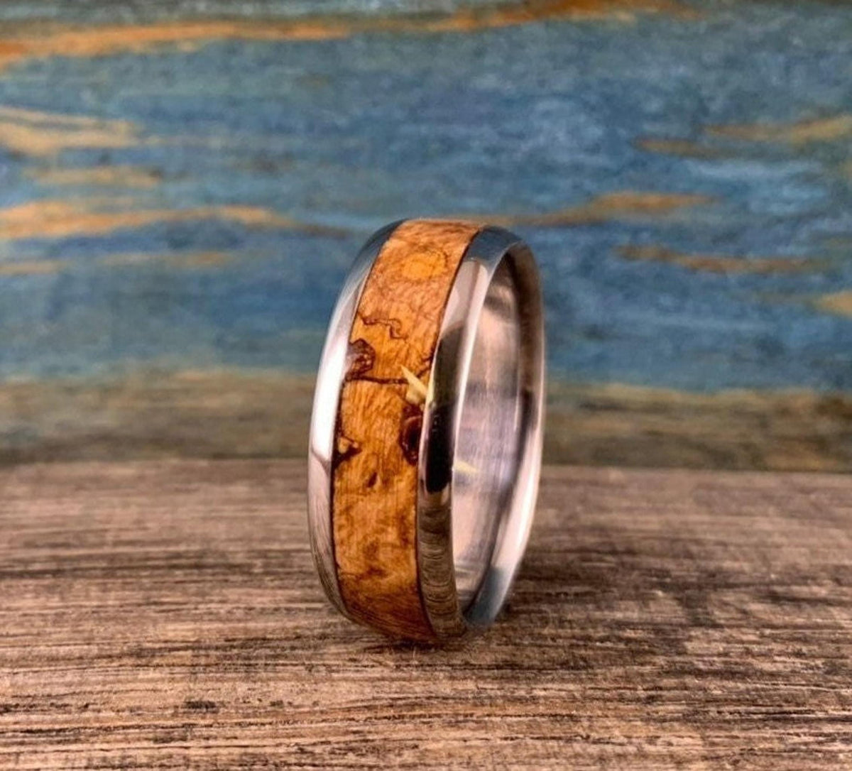Mens Wedding Band -Titanium with Black Ash Burl Inlay - Custom Made Ring