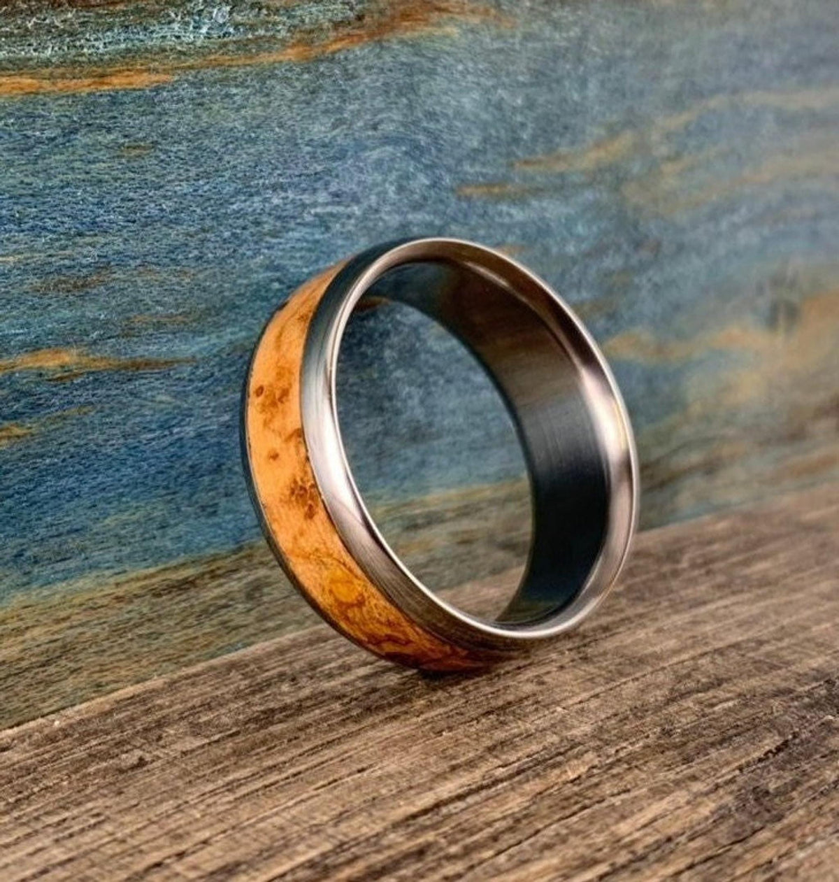 Mens Wedding Band -Titanium with Black Ash Burl Inlay - Custom Made Ring