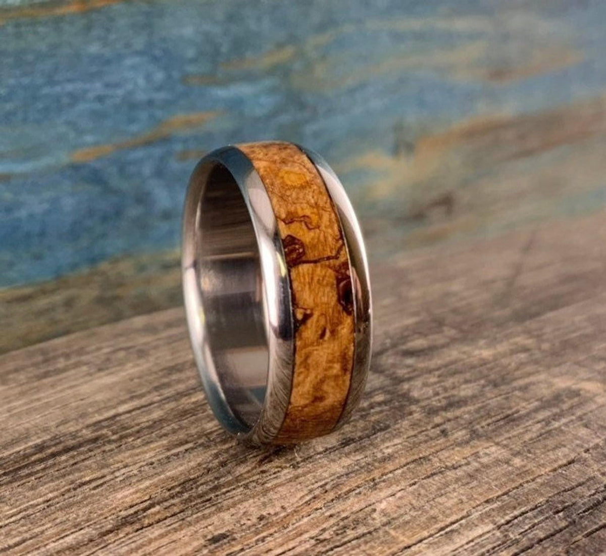 Mens Wedding Band -Titanium with Black Ash Burl Inlay - Custom Made Ring
