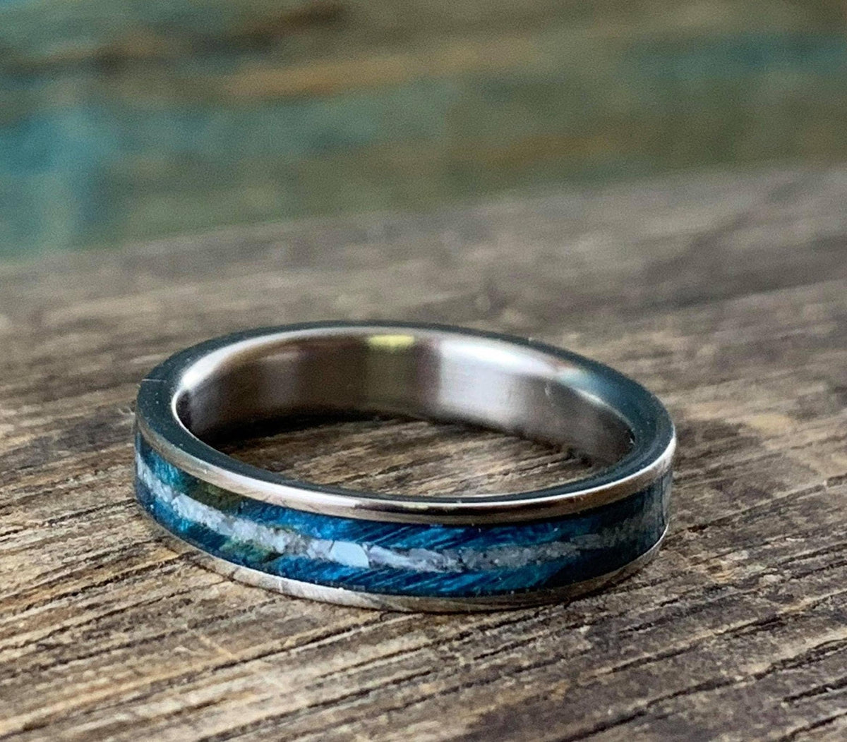 Pearl Wedding Band with Blue Wood Inlay - Women's Titanium Ring - Custom Engraved