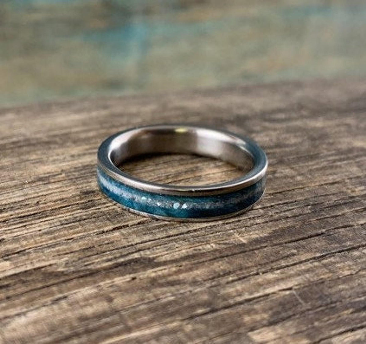 Pearl Wedding Band with Blue Wood Inlay - Women's Titanium Ring - Custom Engraved