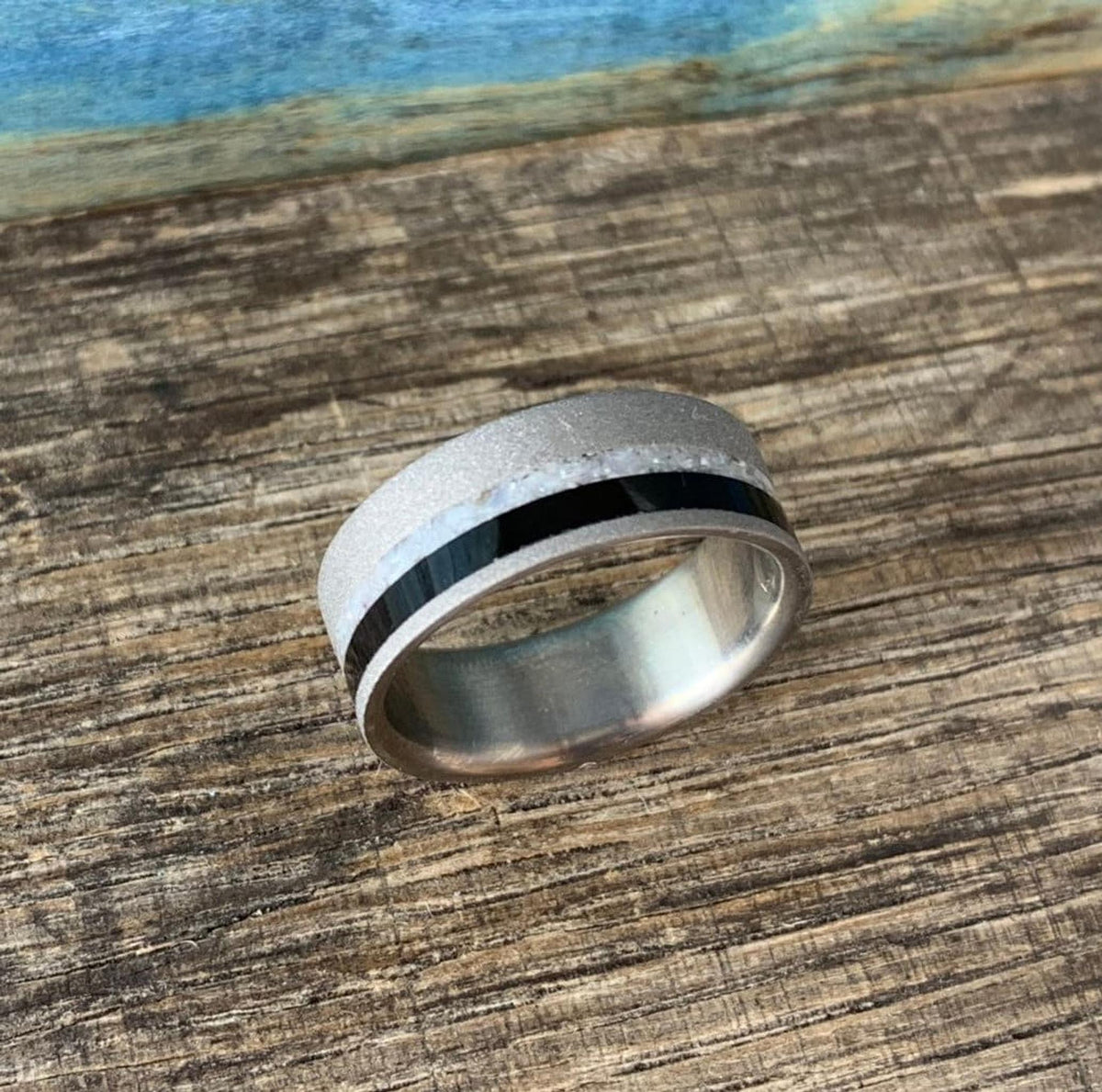 Men's Wedding Band - Ebony Wood and Titanium Ring with Mother of Pearl, Engraved