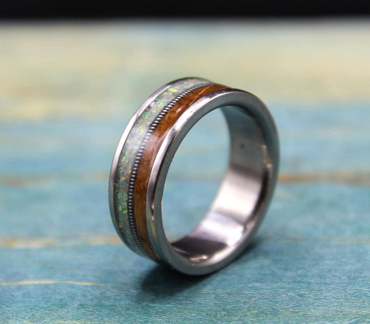 Titanium Ring with Whiskey Barrel Wood and Opal Inlay - Custom Made Wedding Band