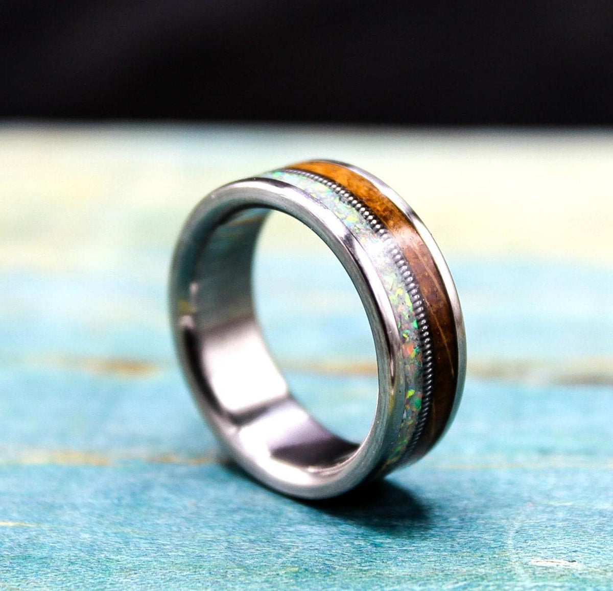 Titanium Ring with Whiskey Barrel Wood and Opal Inlay - Custom Made Wedding Band