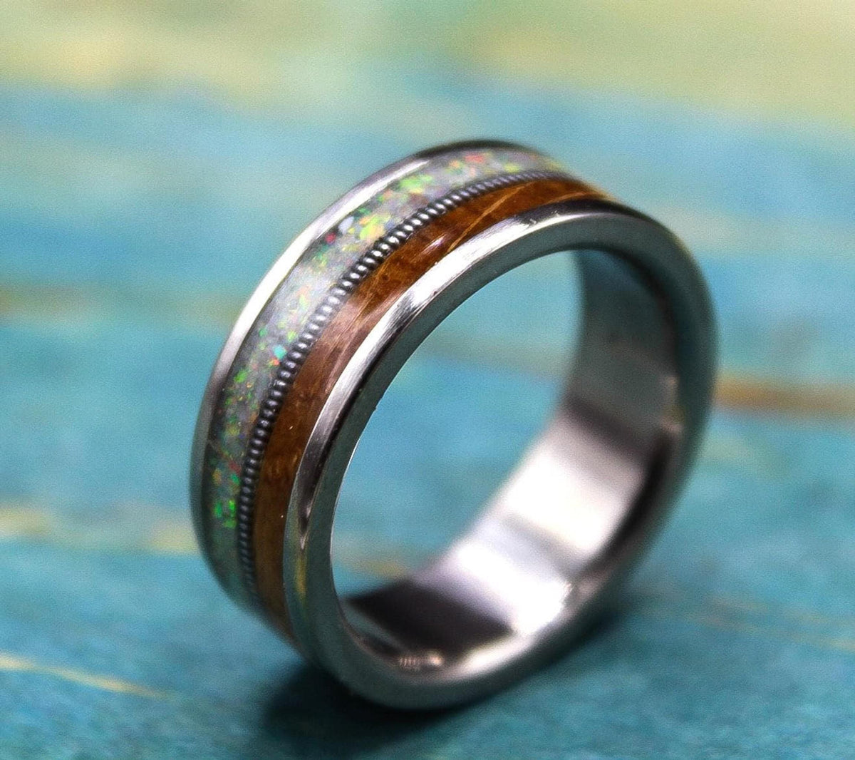 Titanium Ring with Whiskey Barrel Wood and Opal Inlay - Custom Made Wedding Band