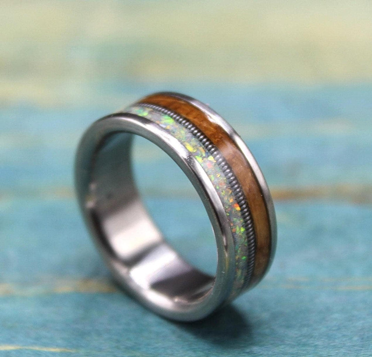 Titanium Ring with Whiskey Barrel Wood and Opal Inlay - Custom Made Wedding Band
