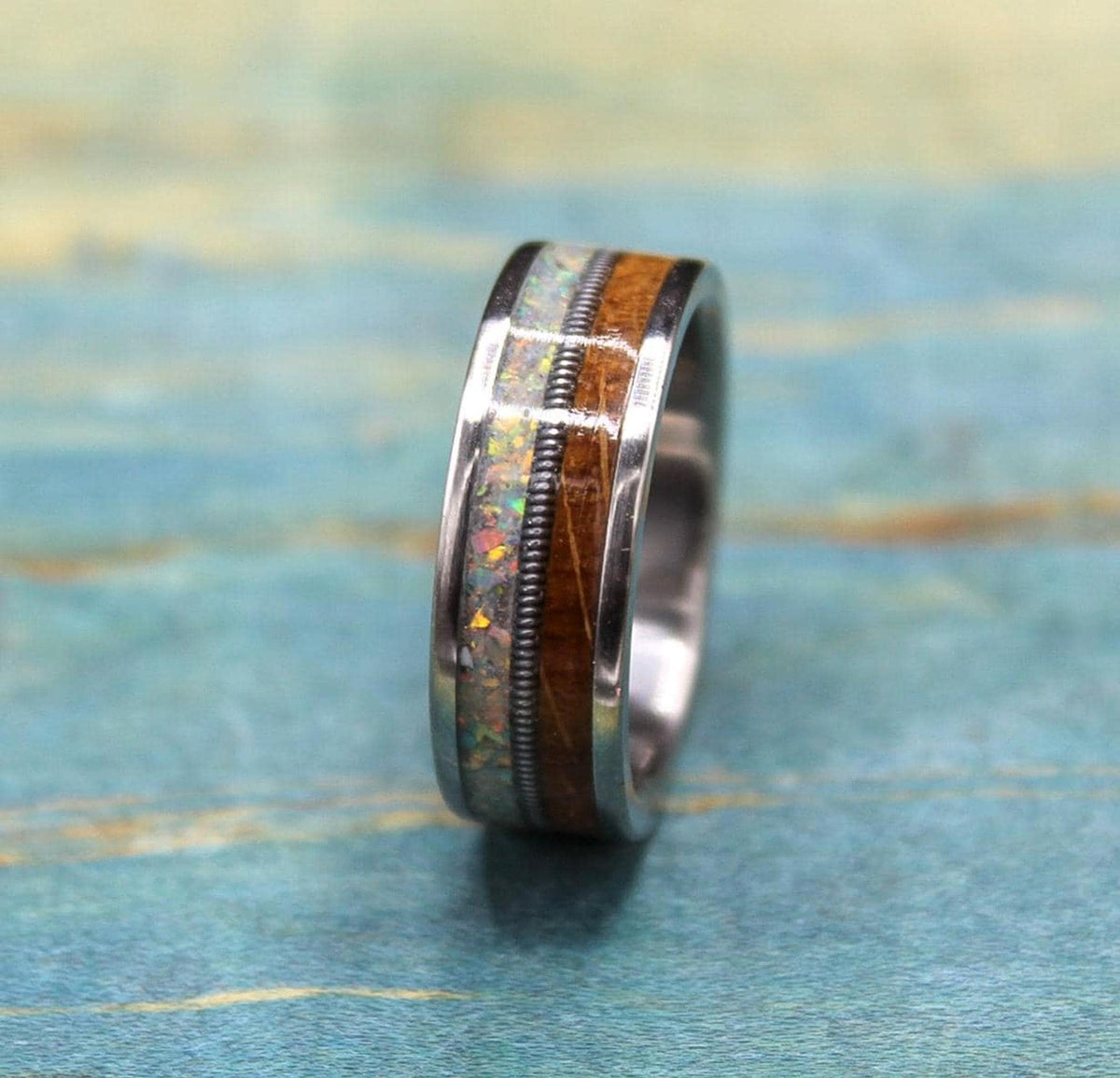Titanium Ring with Whiskey Barrel Wood and Opal Inlay - Custom Made Wedding Band