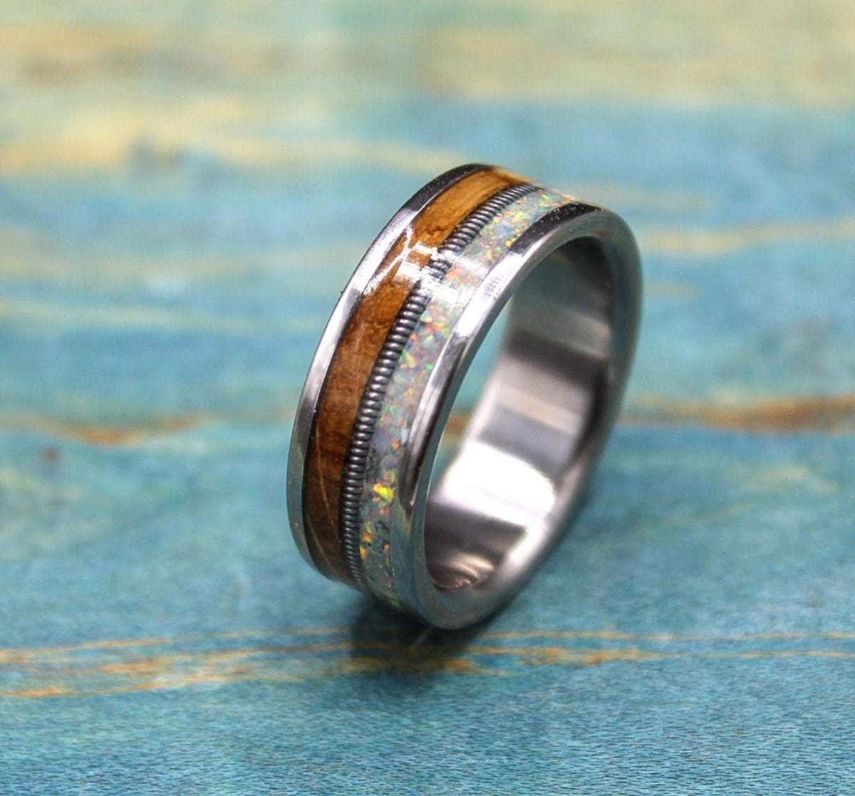Titanium Ring with Whiskey Barrel Wood and Opal Inlay - Custom Made Wedding Band