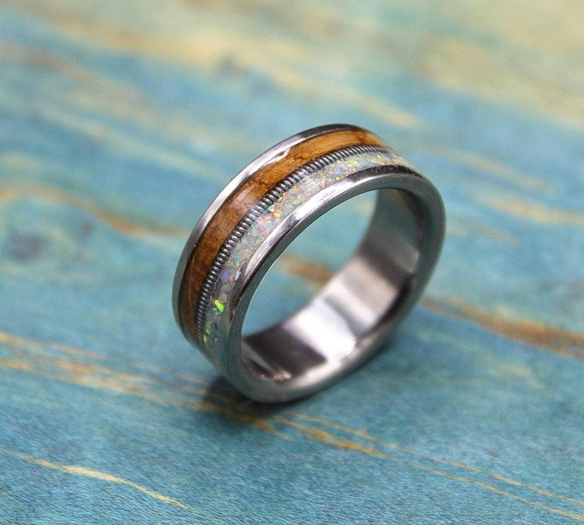 Titanium Ring with Whiskey Barrel Wood and Opal Inlay - Custom Made Wedding Band