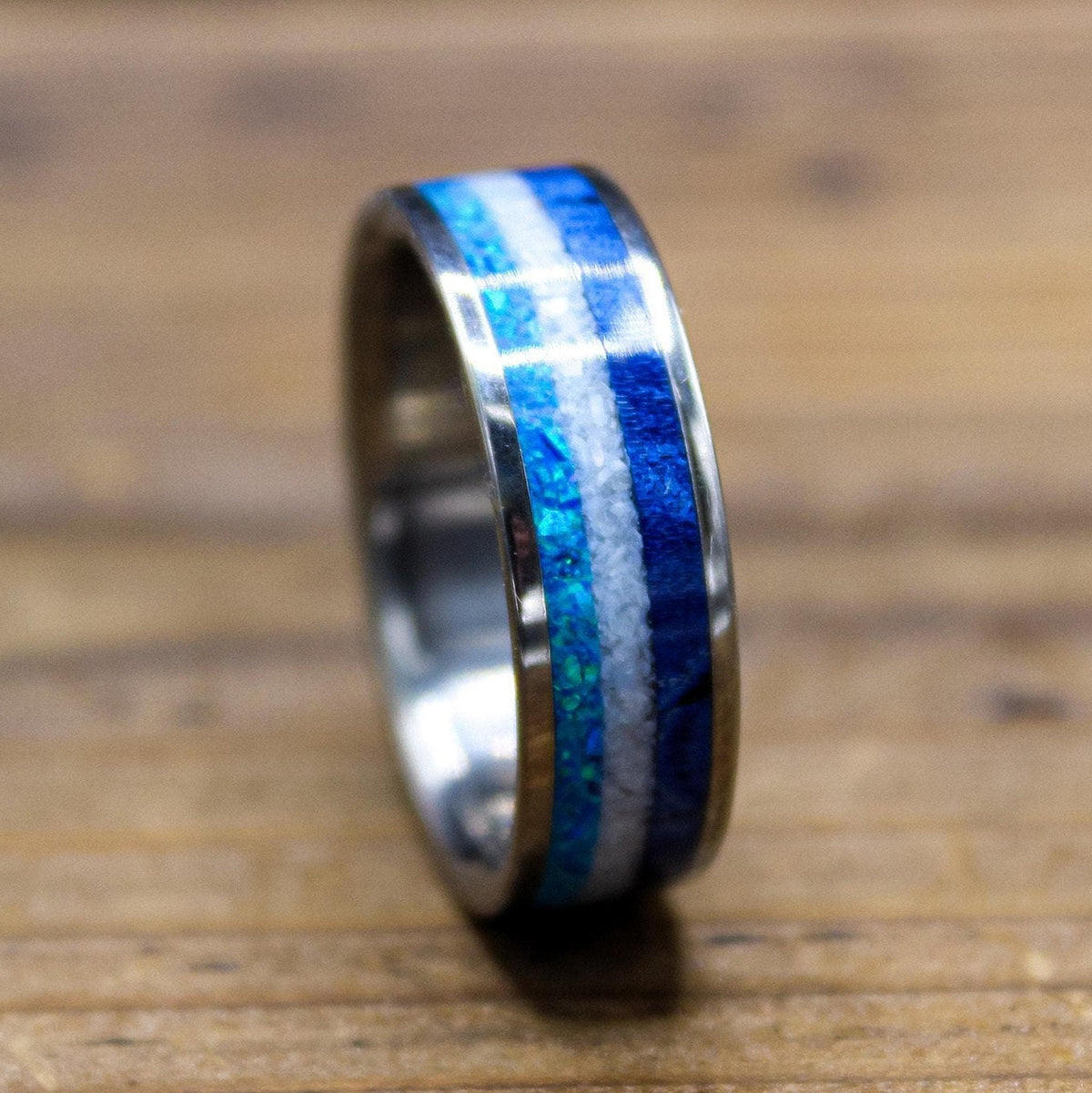 Men's Wedding Band in Titanium with Blue Wood and Opal Inlay