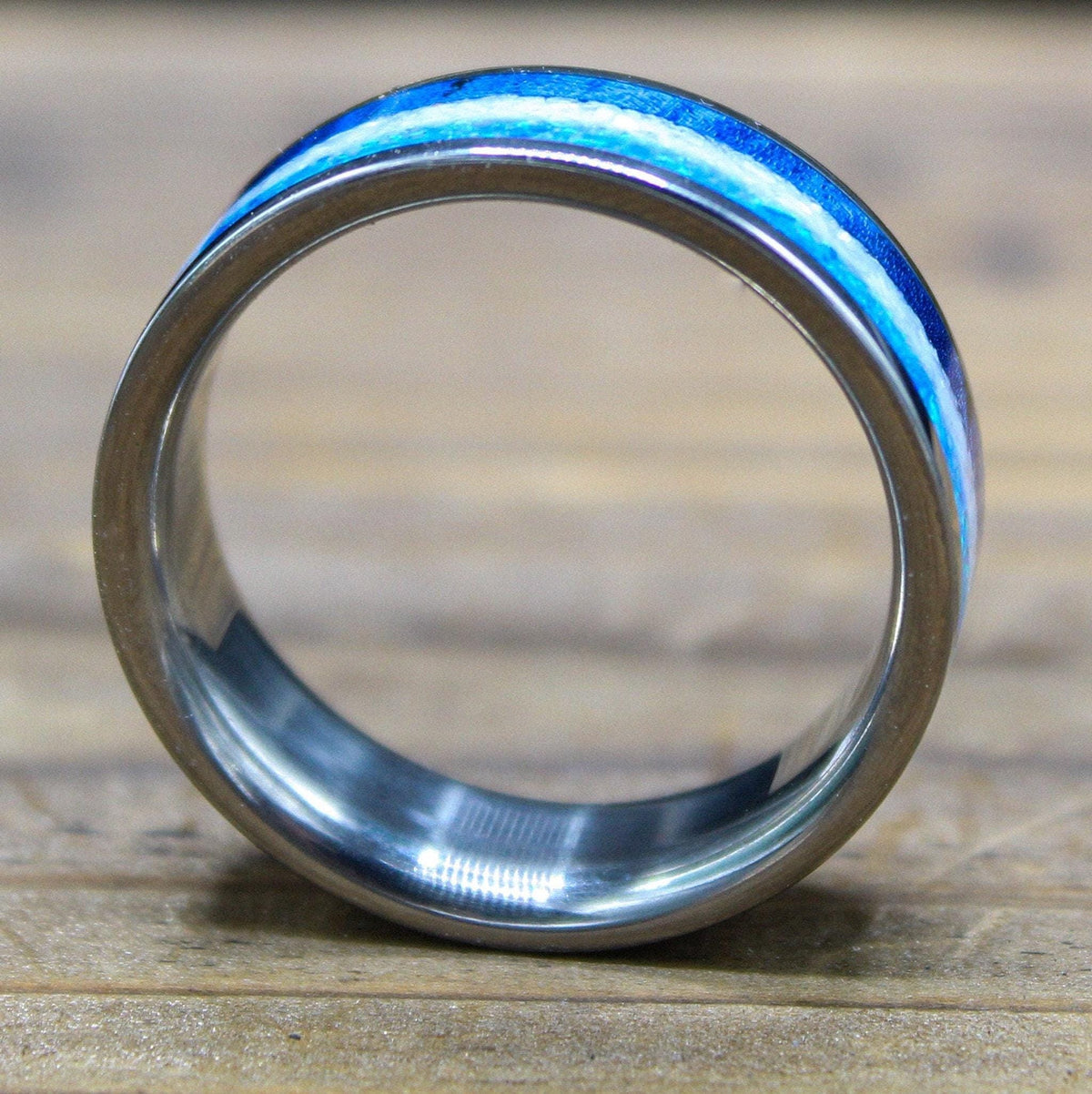Men's Wedding Band in Titanium with Blue Wood and Opal Inlay