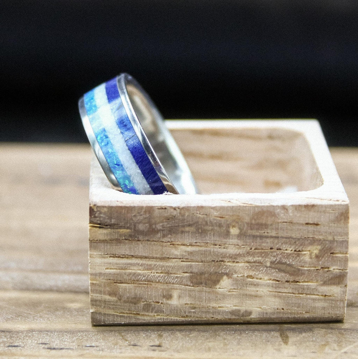 Men's Wedding Band in Titanium with Blue Wood and Opal Inlay