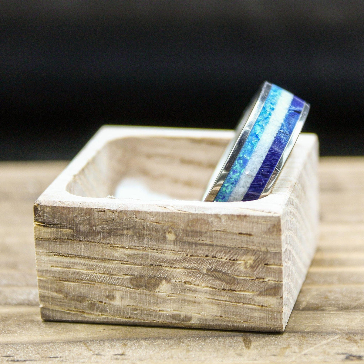 Men's Wedding Band in Titanium with Blue Wood and Opal Inlay