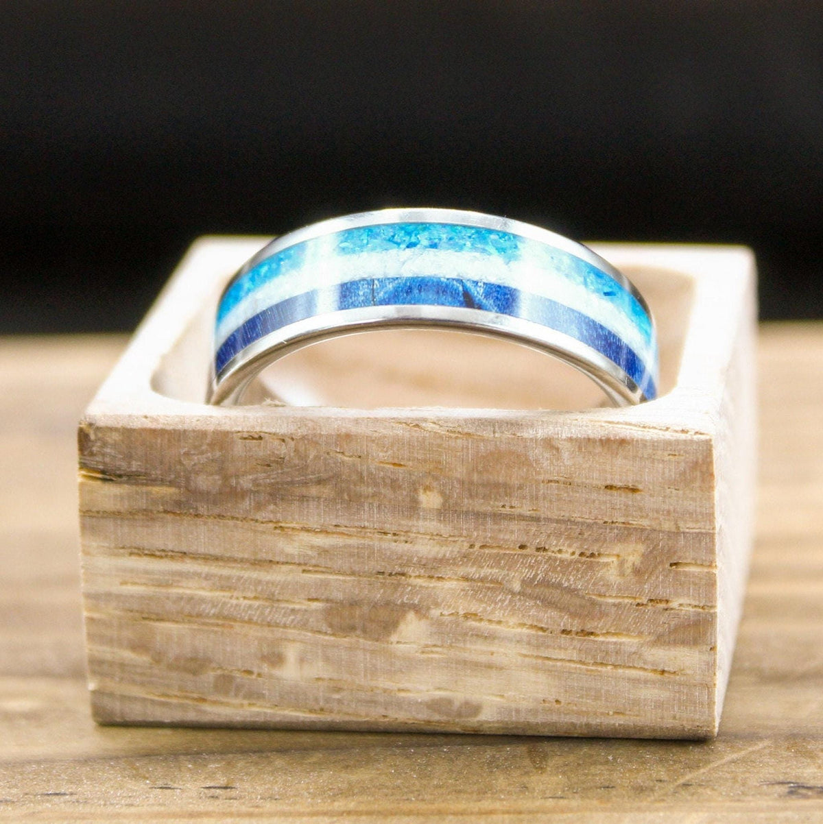 Men's Wedding Band in Titanium with Blue Wood and Opal Inlay