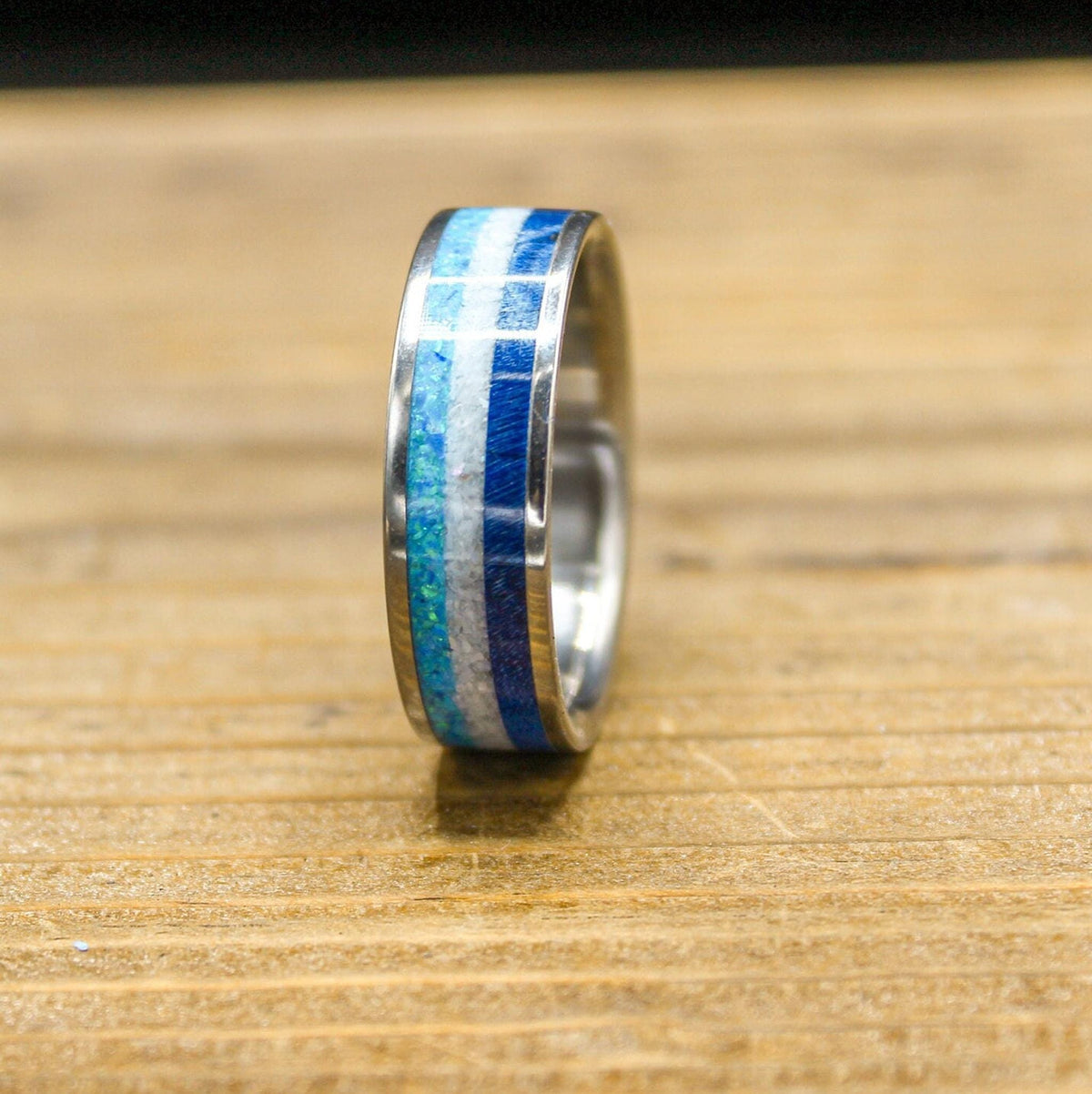 Men's Wedding Band in Titanium with Blue Wood and Opal Inlay
