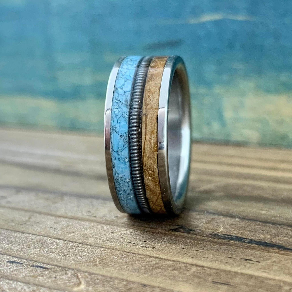Western Wedding Ring -Titanium Band with Turquoise and Whiskey Barrel - Engraved