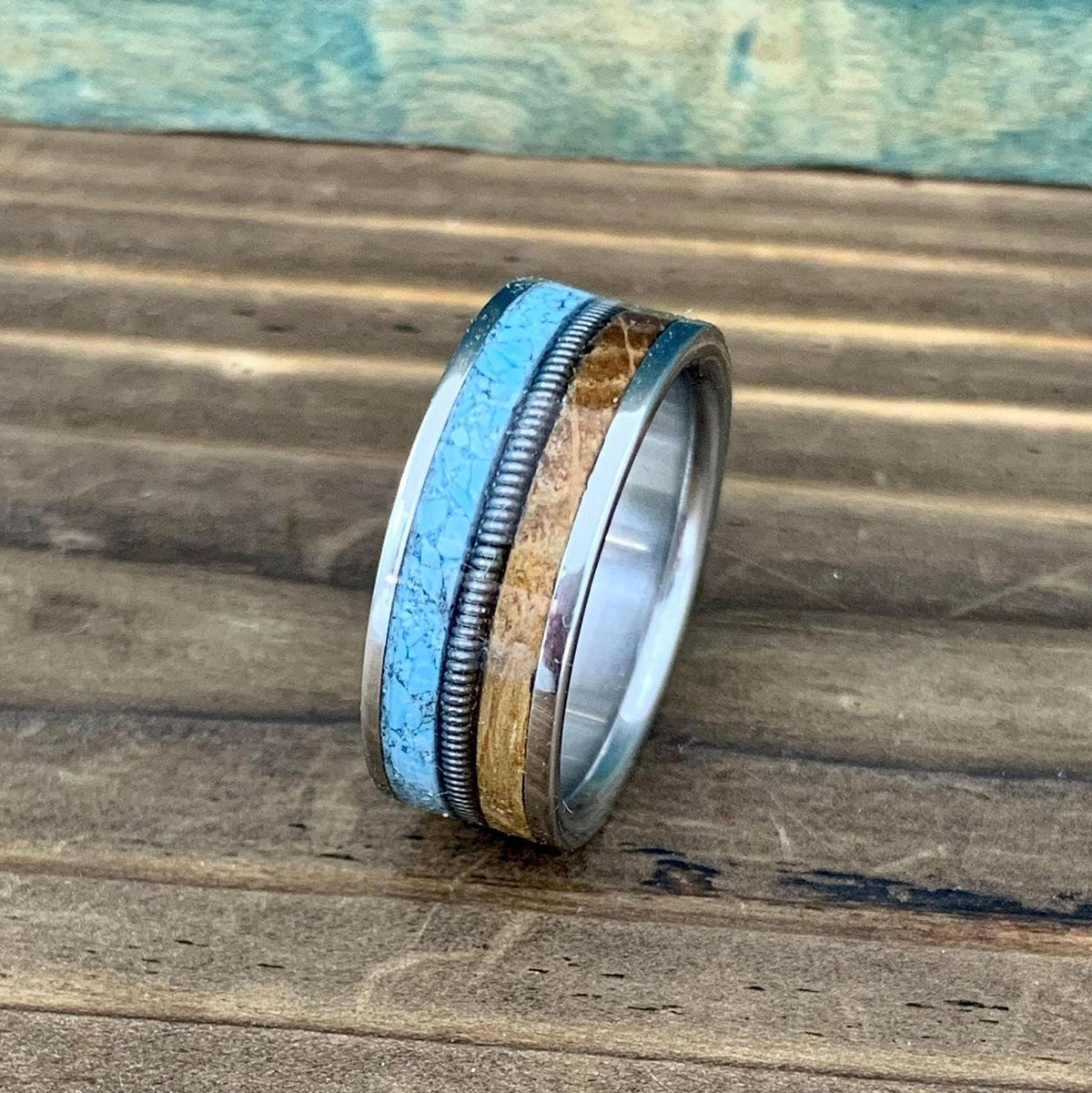 Western Wedding Ring -Titanium Band with Turquoise and Whiskey Barrel - Engraved