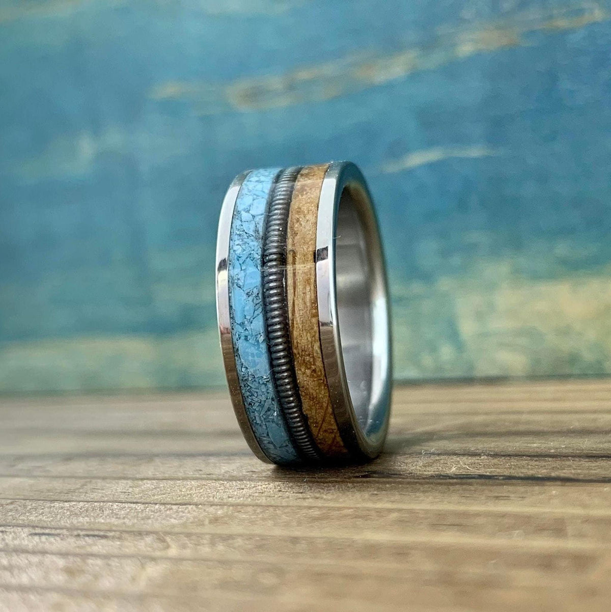 Western Wedding Ring -Titanium Band with Turquoise and Whiskey Barrel - Engraved