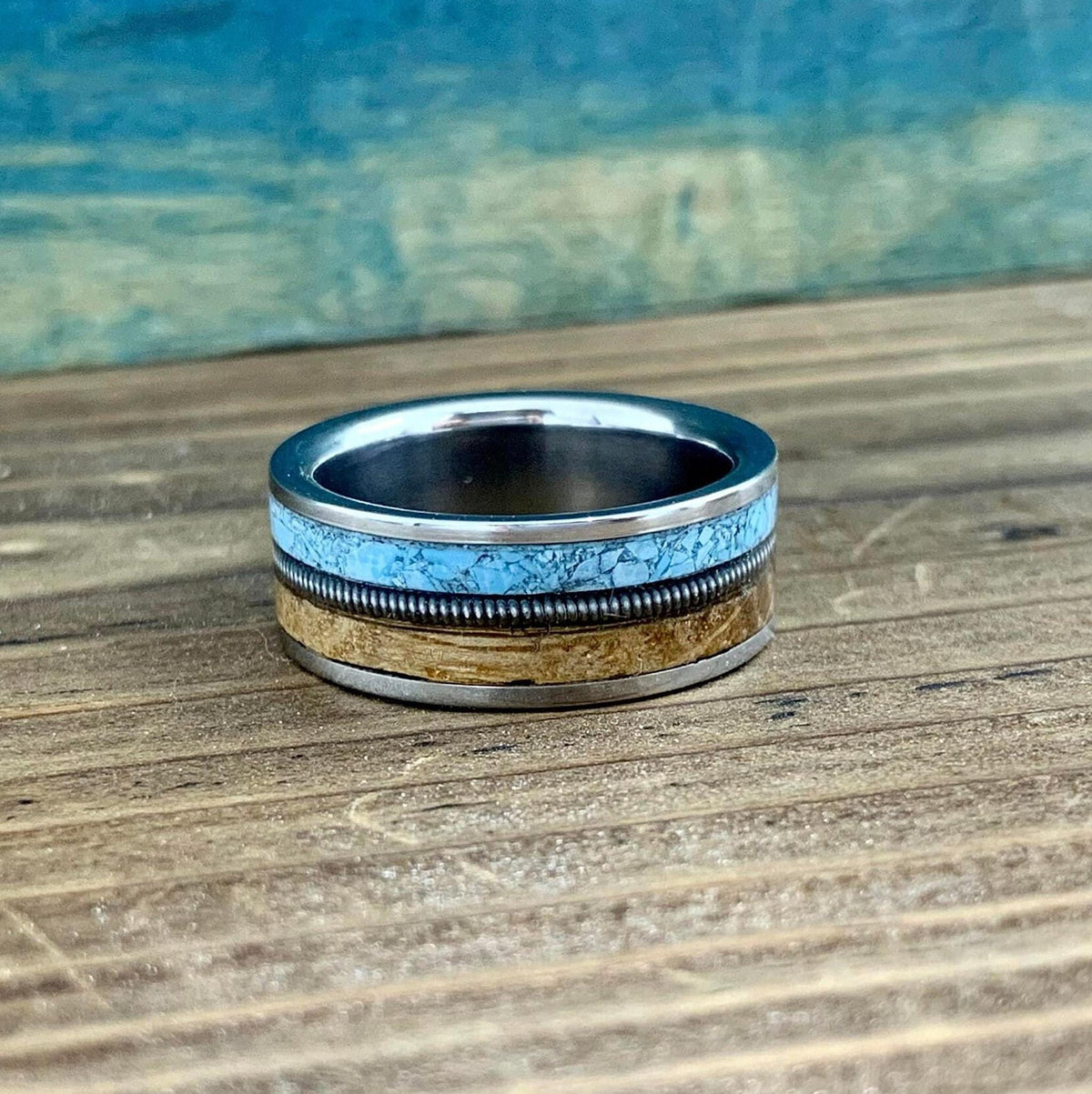 Western Wedding Ring -Titanium Band with Turquoise and Whiskey Barrel - Engraved