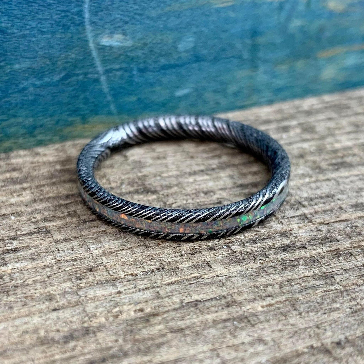 Opal Wedding Band in Damascus Steel - Dainty 3mm Engagement Ring