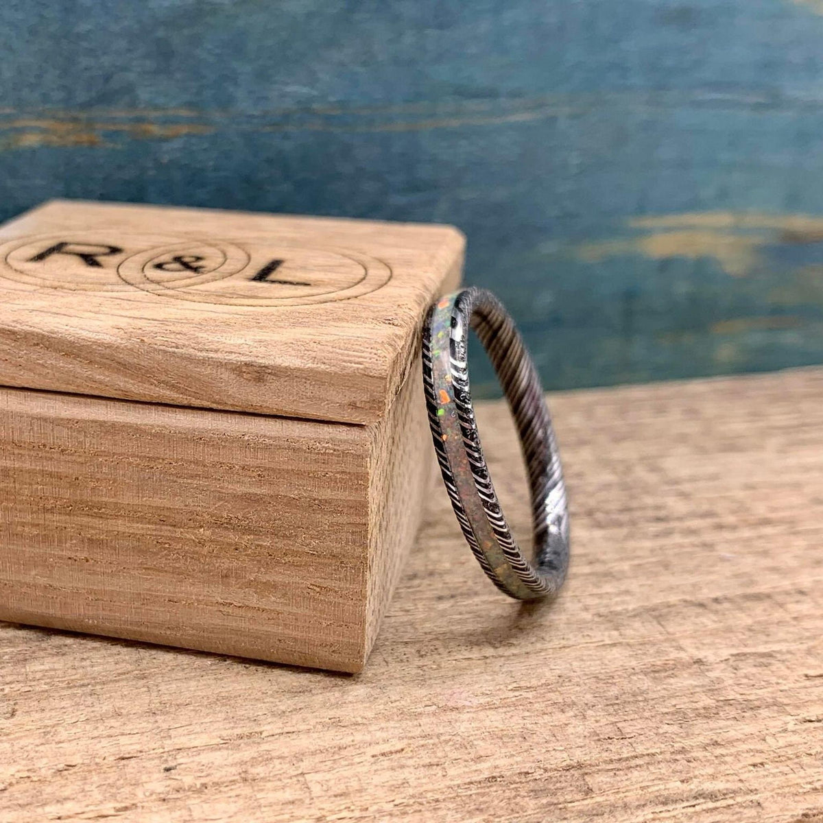 Opal Wedding Band in Damascus Steel - Dainty 3mm Engagement Ring