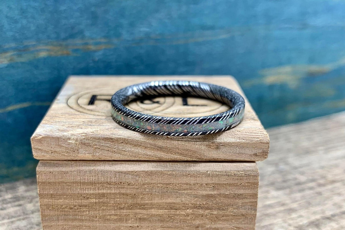 Opal Wedding Band in Damascus Steel - Dainty 3mm Engagement Ring