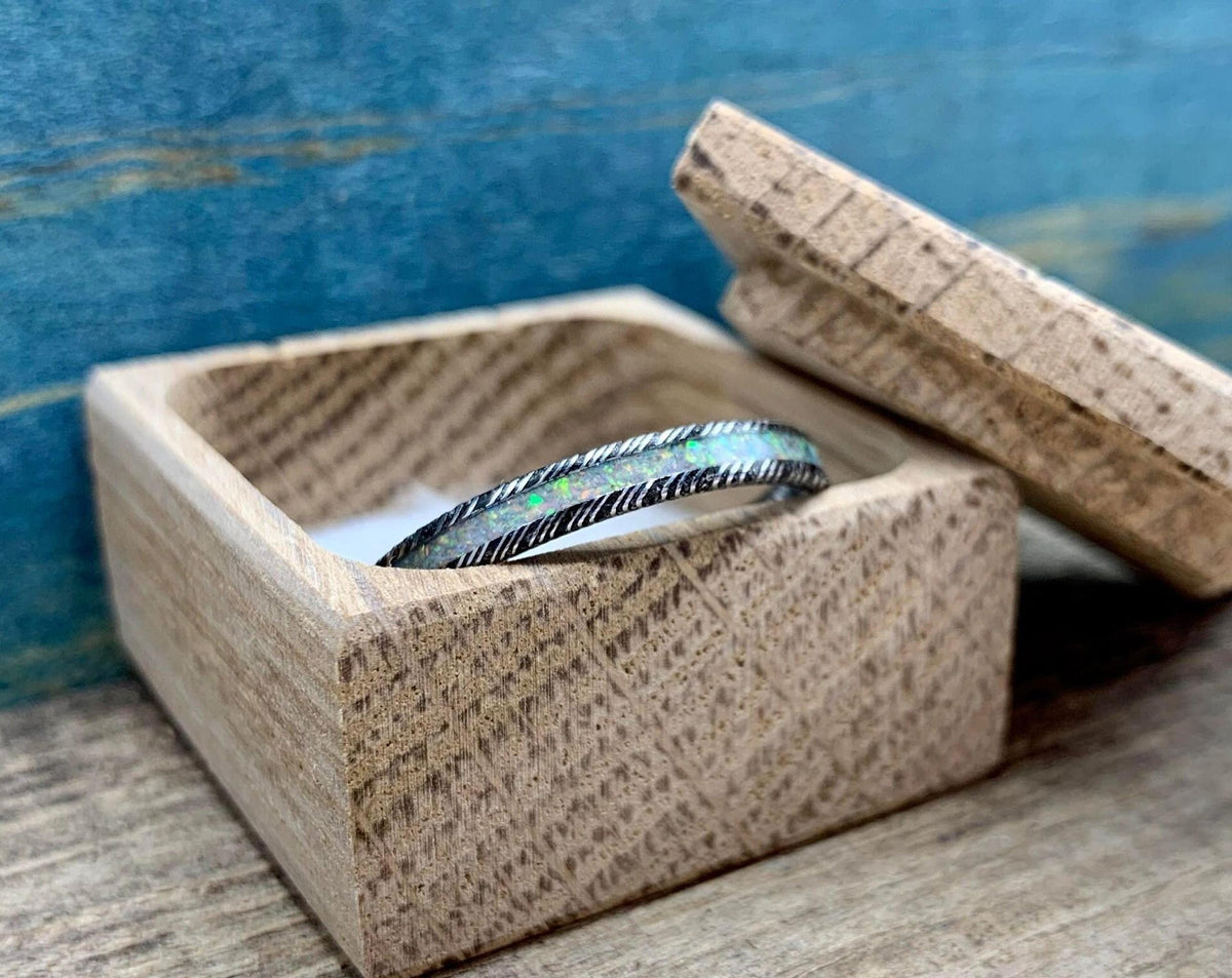 Opal Wedding Band in Damascus Steel - Dainty 3mm Engagement Ring