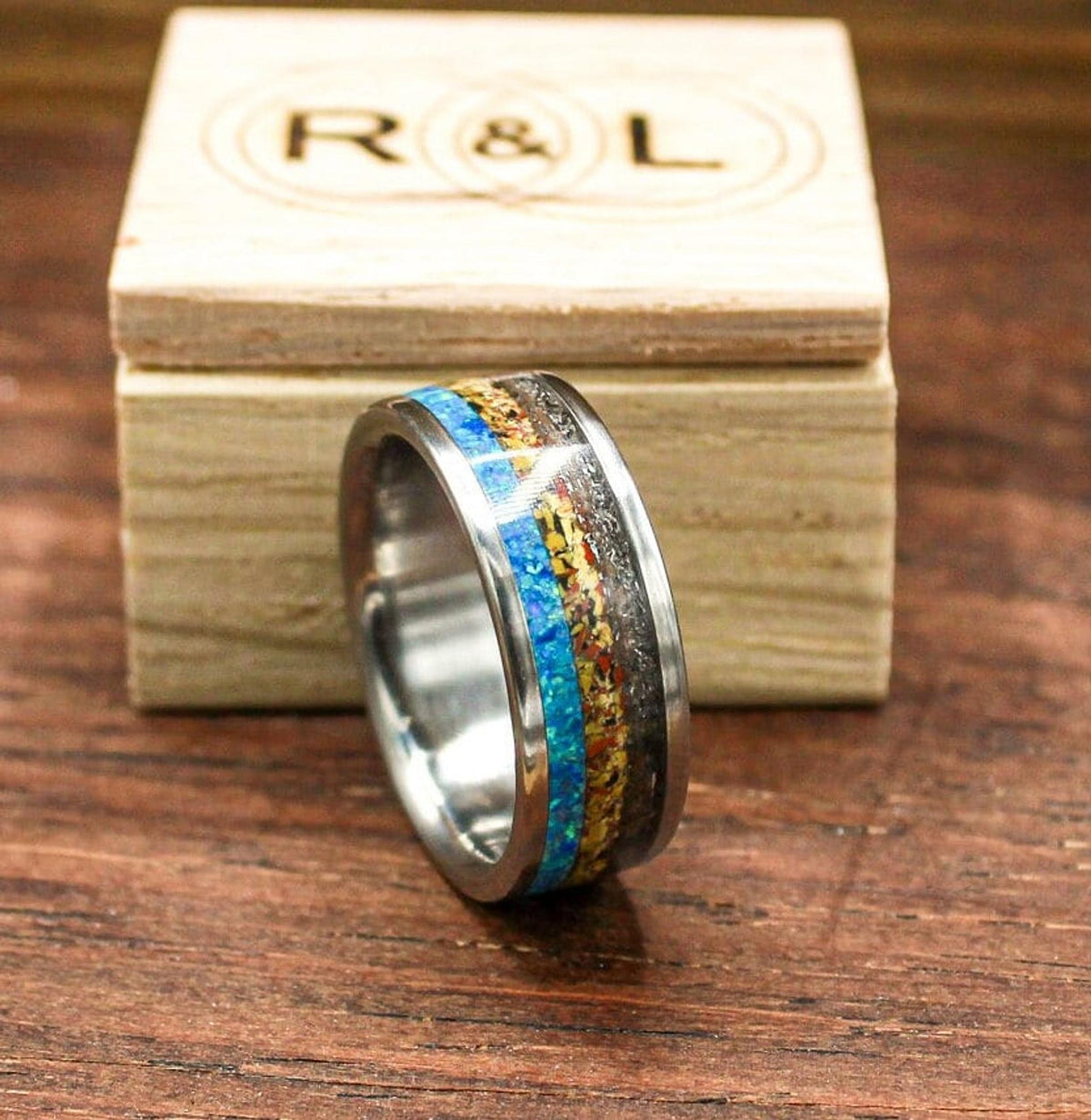 mens meteorite ring with dinosaur bone and opal. opal engagement ring. dinosaur bone ring. titanium ring for men