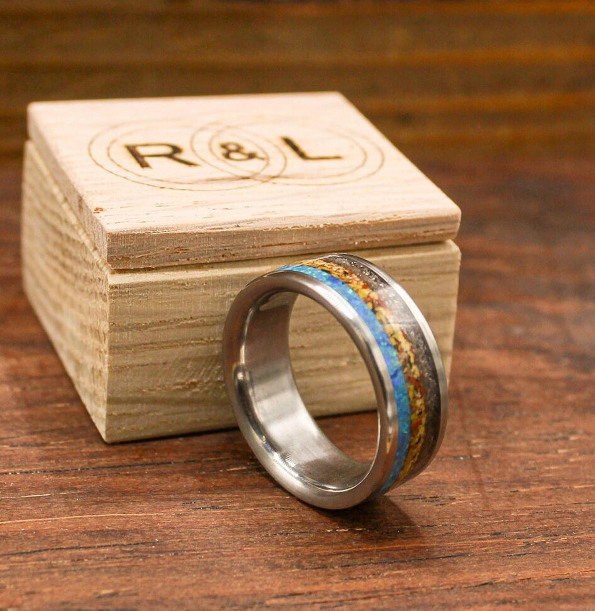 mens meteorite ring with dinosaur bone and opal. opal engagement ring. dinosaur bone ring. titanium ring for men