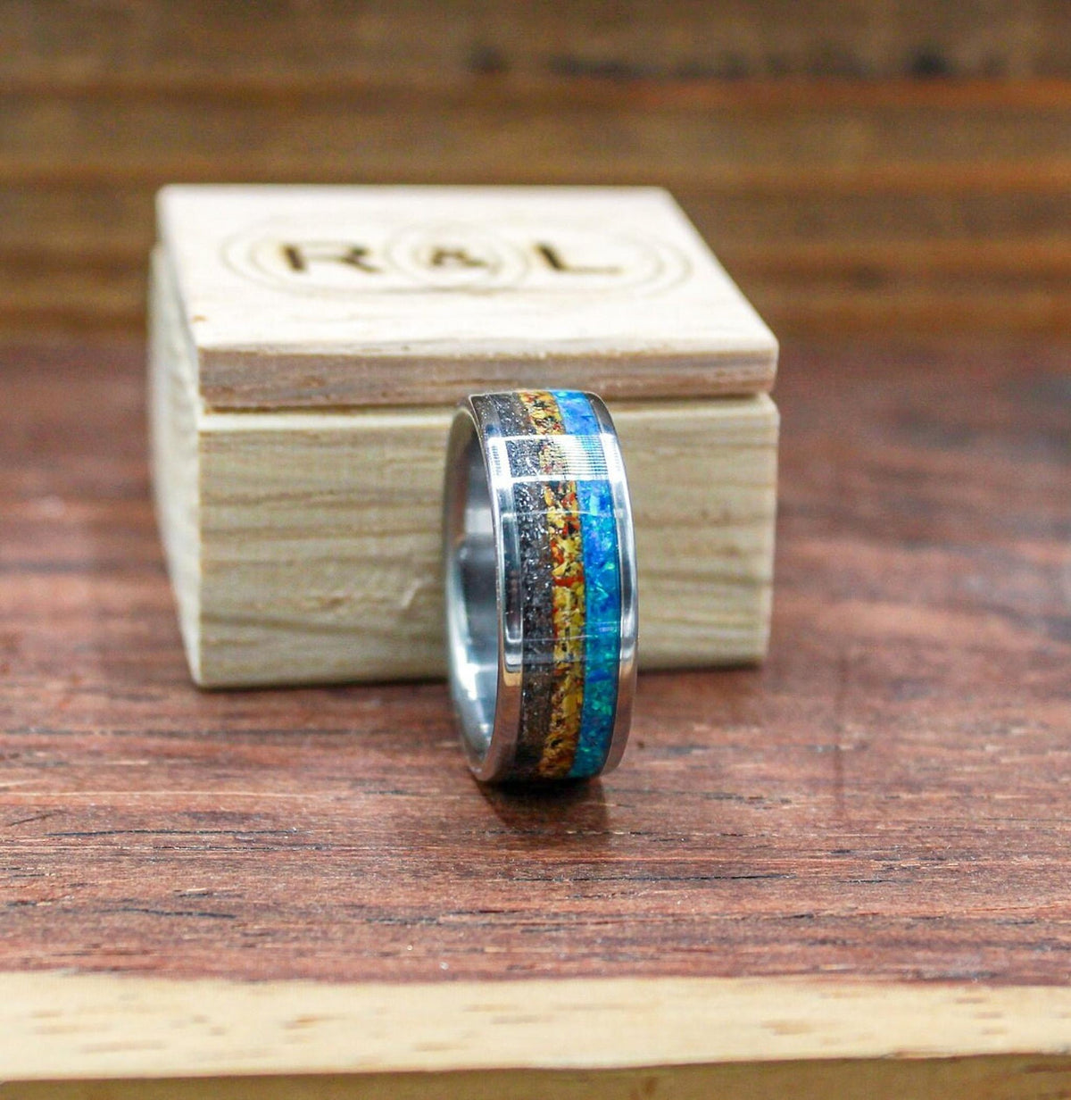 mens meteorite ring with dinosaur bone and opal. opal engagement ring. dinosaur bone ring. titanium ring for men