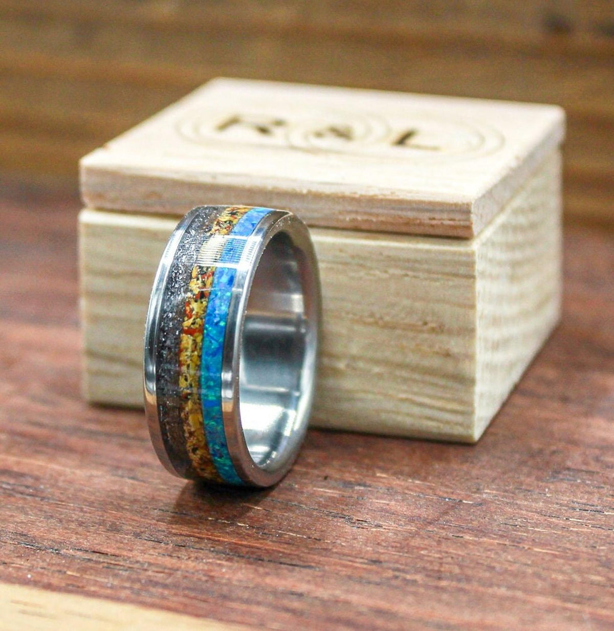mens meteorite ring with dinosaur bone and opal. opal engagement ring. dinosaur bone ring. titanium ring for men