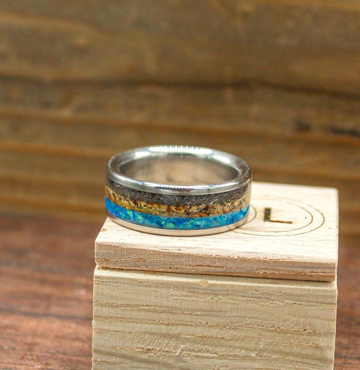 mens meteorite ring with dinosaur bone and opal. opal engagement ring. dinosaur bone ring. titanium ring for men