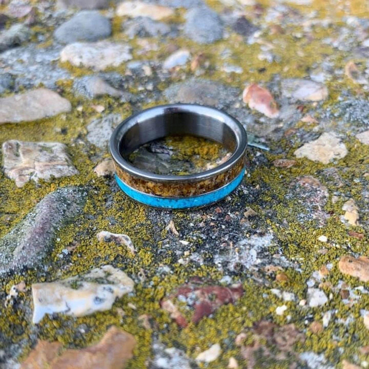 Men's Wedding Band, Titanium Ring with Tigers Eye and Turquoise Inlay