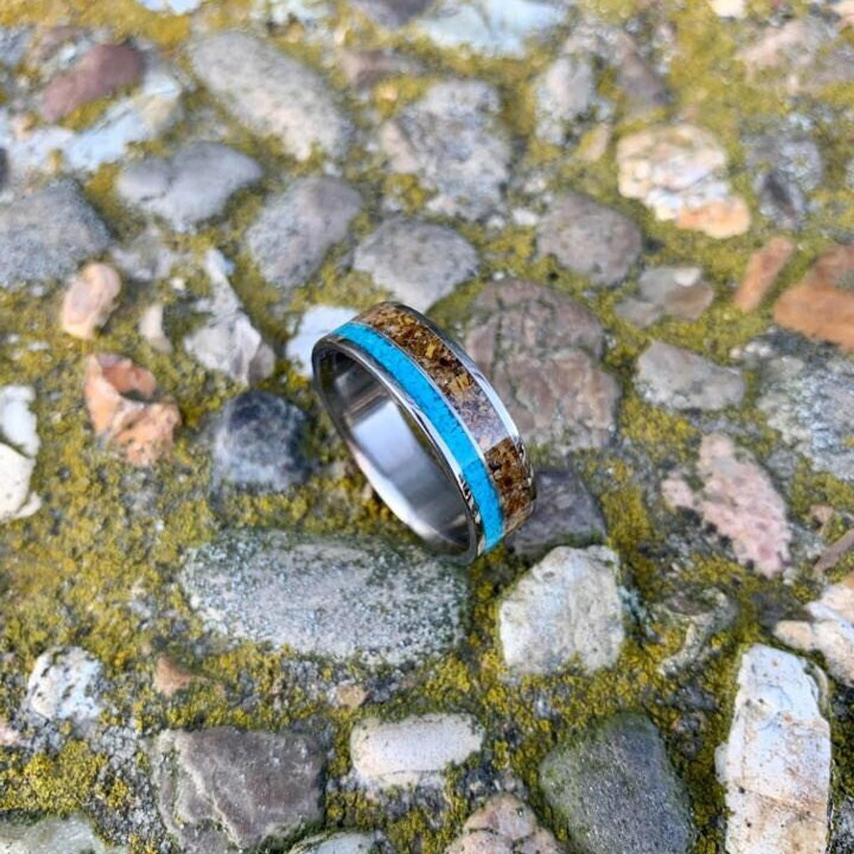 Men's Wedding Band, Titanium Ring with Tigers Eye and Turquoise Inlay