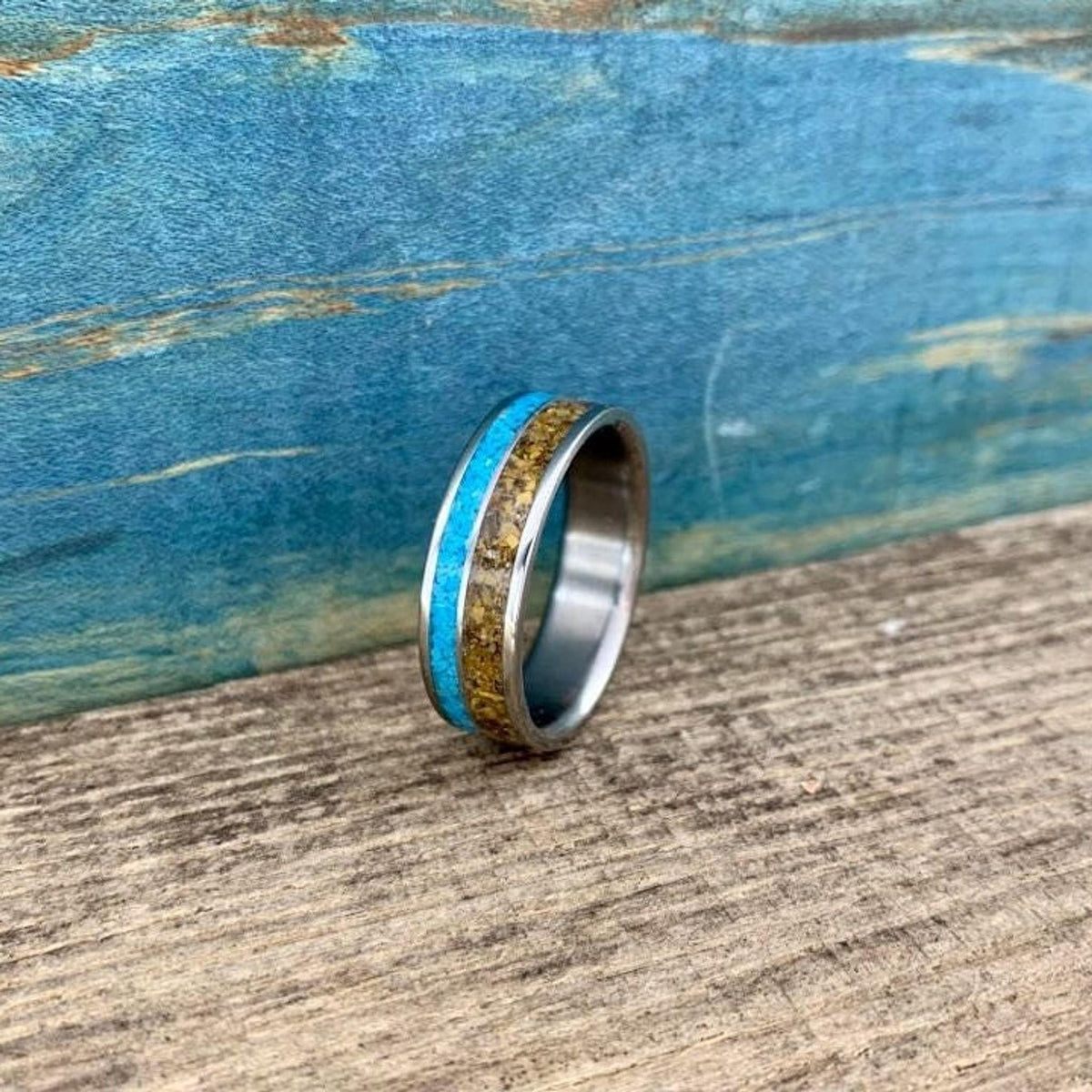 Men's Wedding Band, Titanium Ring with Tigers Eye and Turquoise Inlay