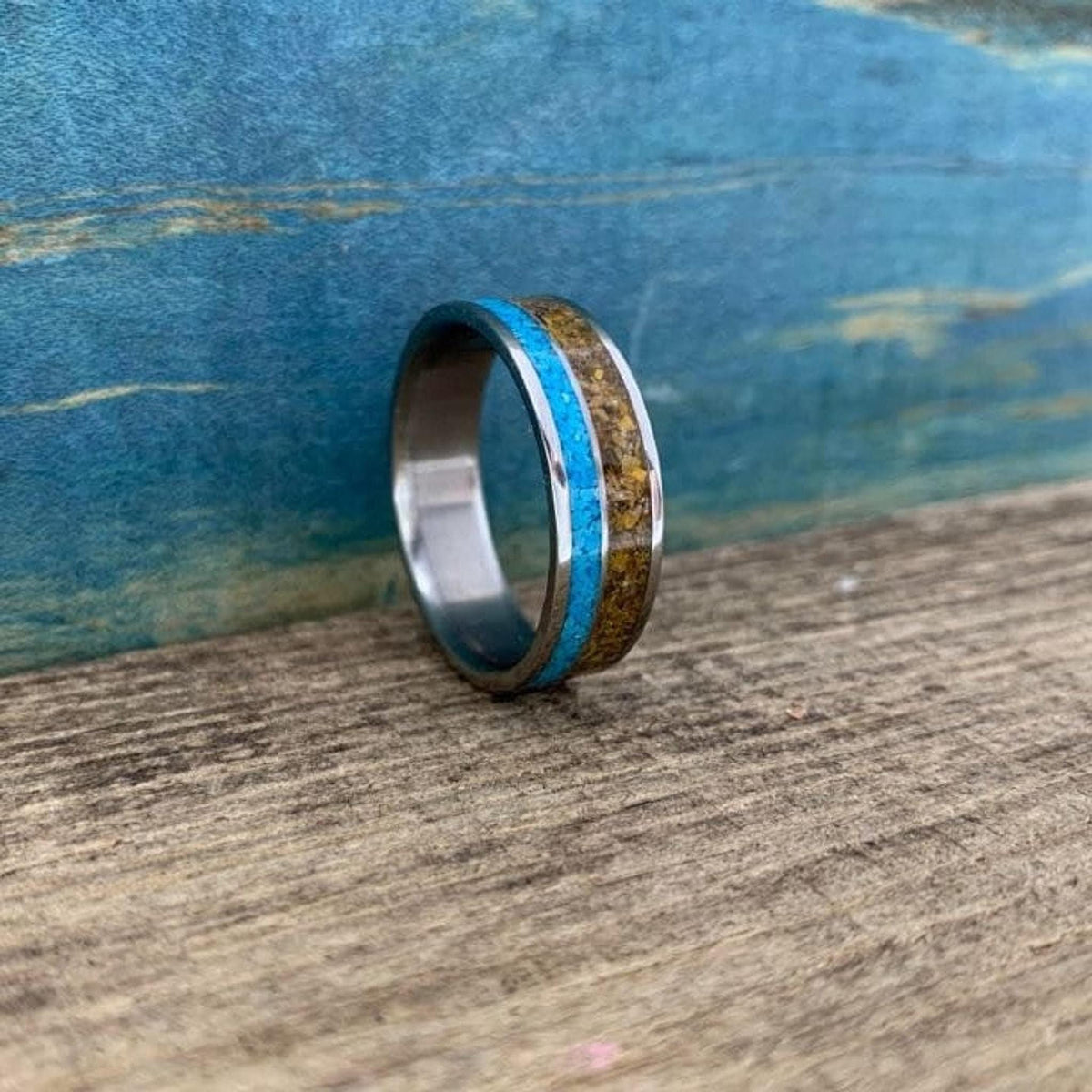 Men's Wedding Band, Titanium Ring with Tigers Eye and Turquoise Inlay